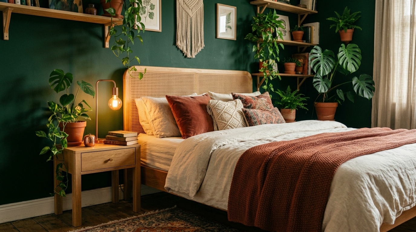 Boho_bedroom_with_green_wal
