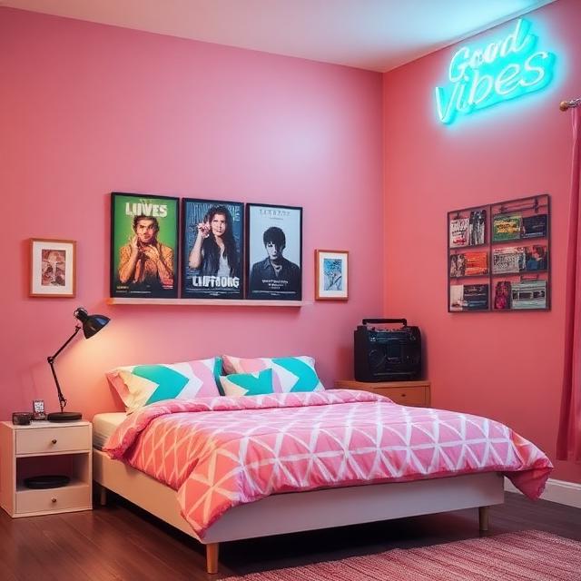 A colour palette reference sheet for the 80s room aesthetic: six swatches arranged in two rows — dusty rose, powder blue, hot pink, teal, mauve, and electric blue — with small labels. Below them, three example colour combination pairings shown as room-inspired mini colour blocks. Clean, editorial flat-lay style with a white background and slight vintage texture overlay.