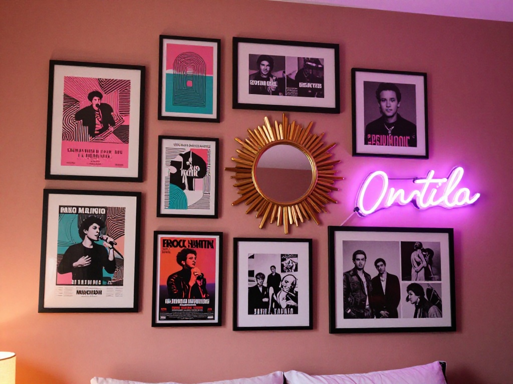 A colour palette reference sheet for the 80s room aesthetic: six swatches arranged in two rows — dusty rose, powder blue, hot pink, teal, mauve, and electric blue — with small labels. Below them, three example colour combination pairings shown as room-inspired mini colour blocks. Clean, editorial flat-lay style with a white background and slight vintage texture overlay.