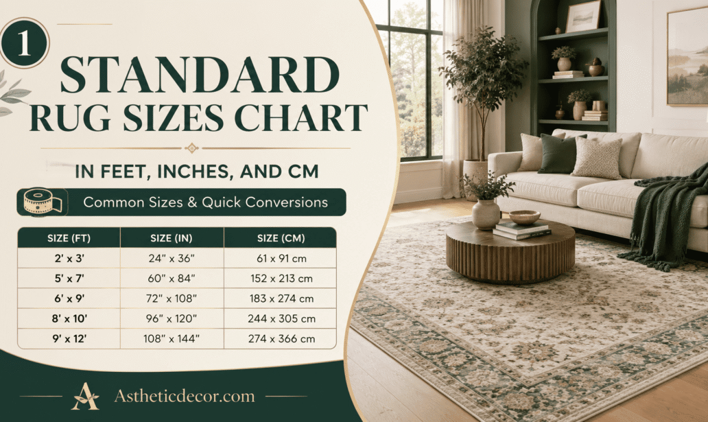 Standard Rug Sizes Chart in Feet, Inches, and CM