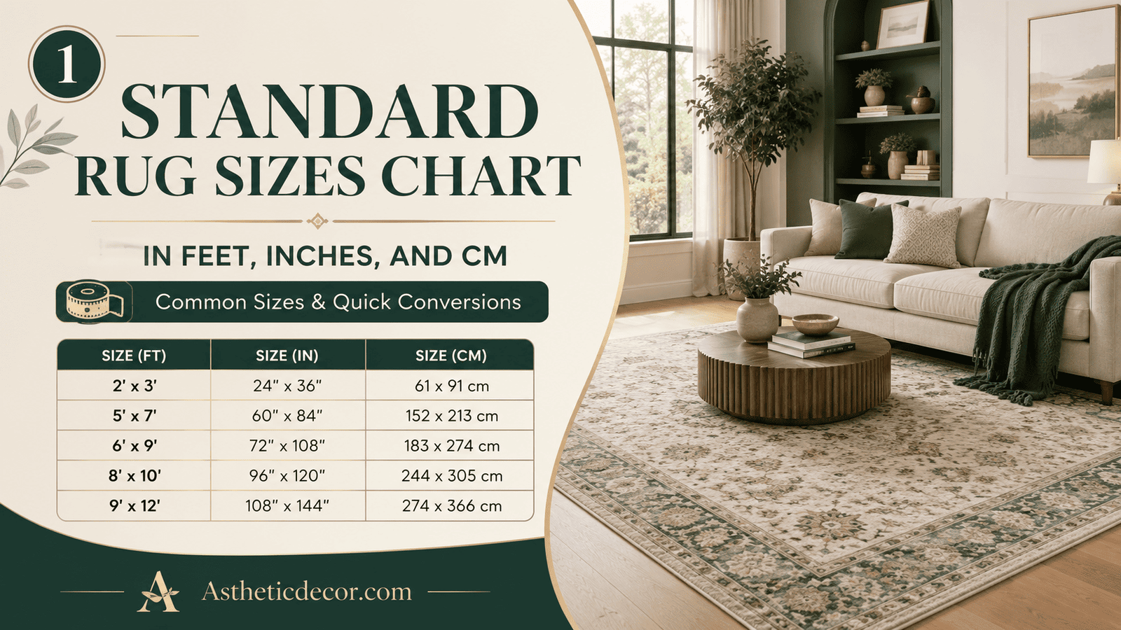 Standard Rug Sizes Chart in Feet, Inches, and CM