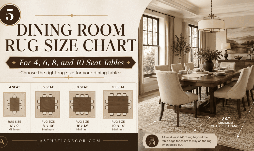 Dining Room Rug Size Chart for 4, 6, 8, and 10 Seat Tables