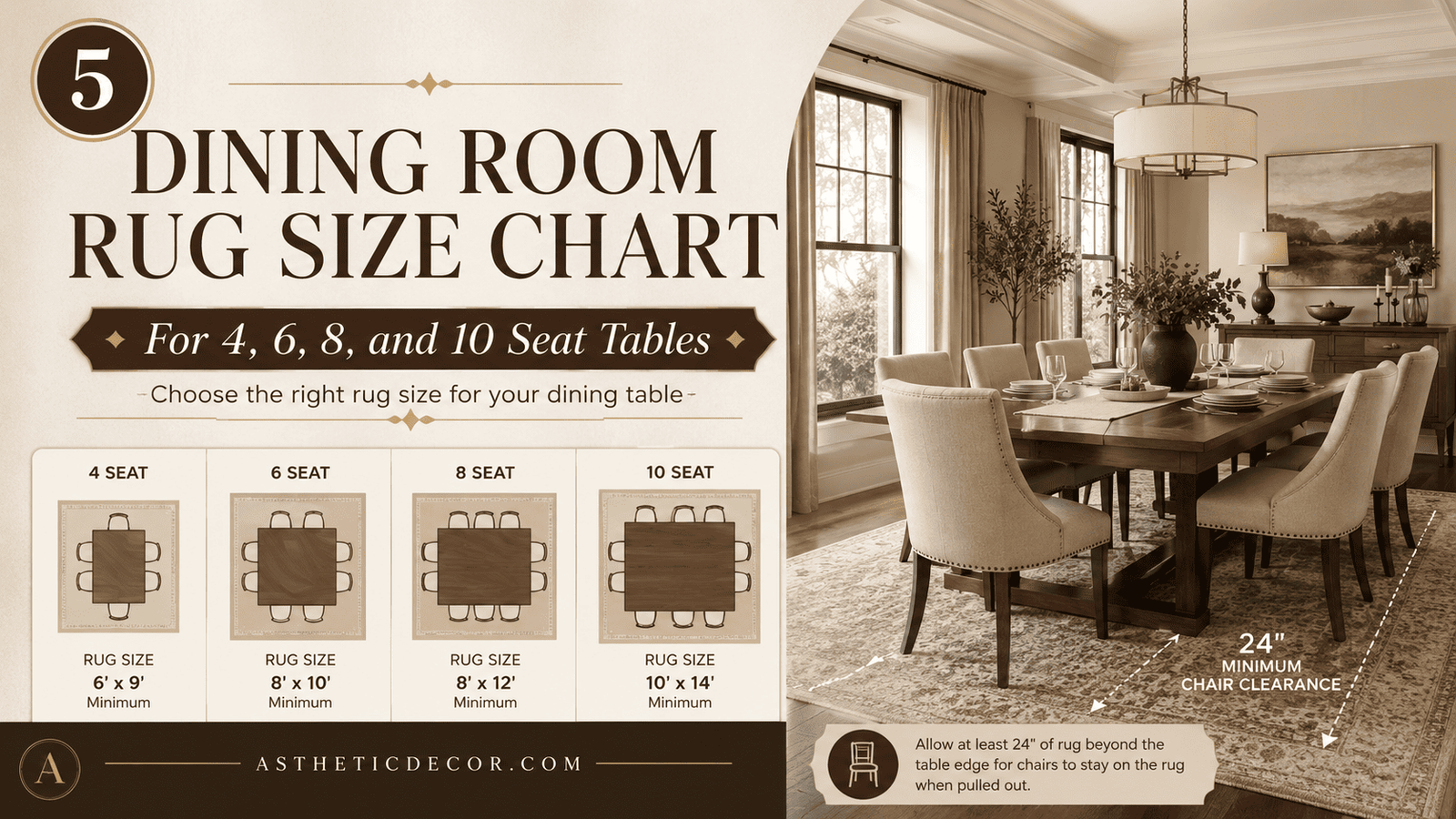 Dining Room Rug Size Chart for 4, 6, 8, and 10 Seat Tables