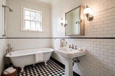 1920s retro bathroom with white subway tile, black-and-white floor and nickel fixtures