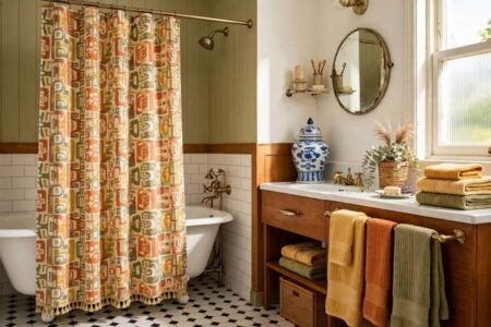 Retro bathroom refresh with a patterned shower curtain, vintage towels and a ginger jar