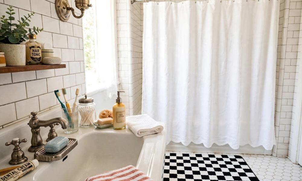 Retro bathroom accessories with a white shower curtain, black-and-white bath mat and nickel soap dish