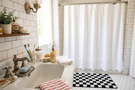 Retro bathroom accessories with a white shower curtain, black-and-white bath mat and nickel soap dish