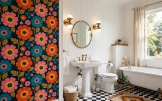Retro bathroom with bold floral wallpaper on one wall, white fixtures and brass lights