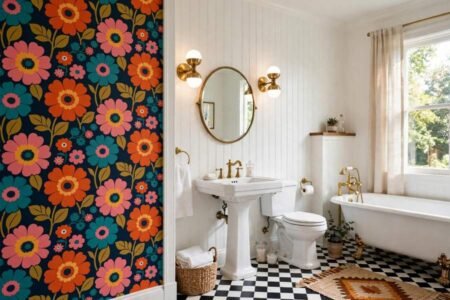 Retro bathroom with bold floral wallpaper on one wall, white fixtures and brass lights