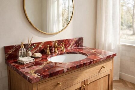 Red marble bathroom vanity top with white sink, brass taps and a round mirror