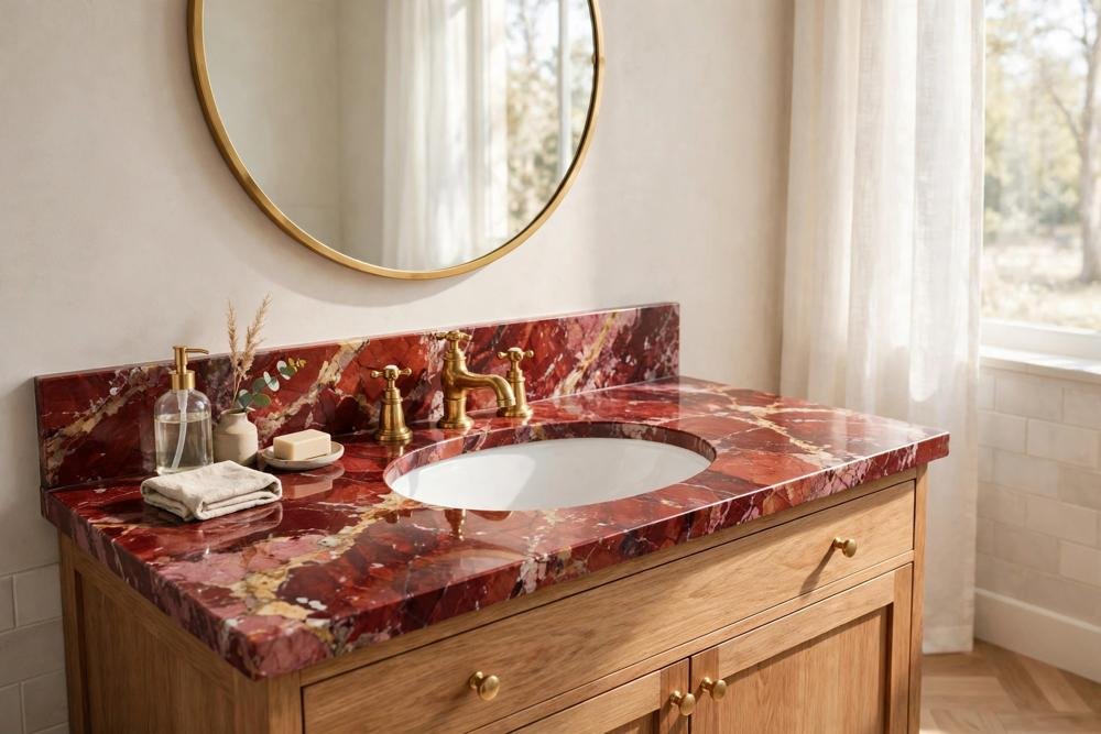 Red marble bathroom vanity top with white sink, brass taps and a round mirror
