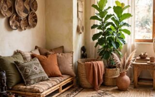 Afrohemian living room corner with earth-tone cushions, a woven basket and a large plant