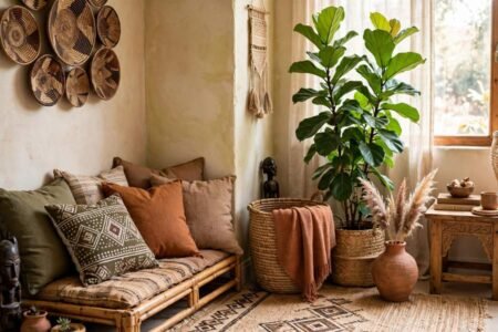 Afrohemian living room corner with earth-tone cushions, a woven basket and a large plant