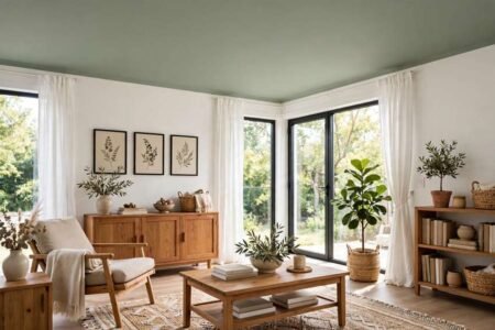 Living room with a soft sage painted ceiling, white walls and wooden furniture