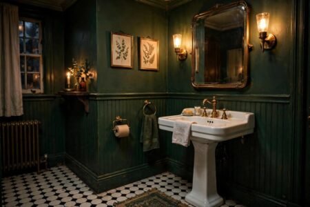 Moody vintage bathroom with deep green walls, brass fixtures and a white pedestal sink