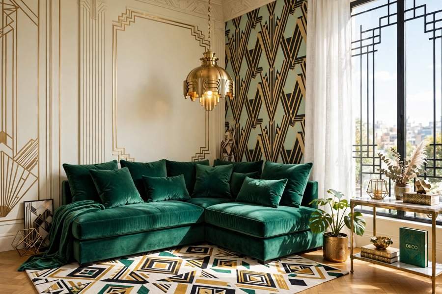Neo Deco living room corner with a brass pendant lamp, emerald velvet cushions and a geometric rug