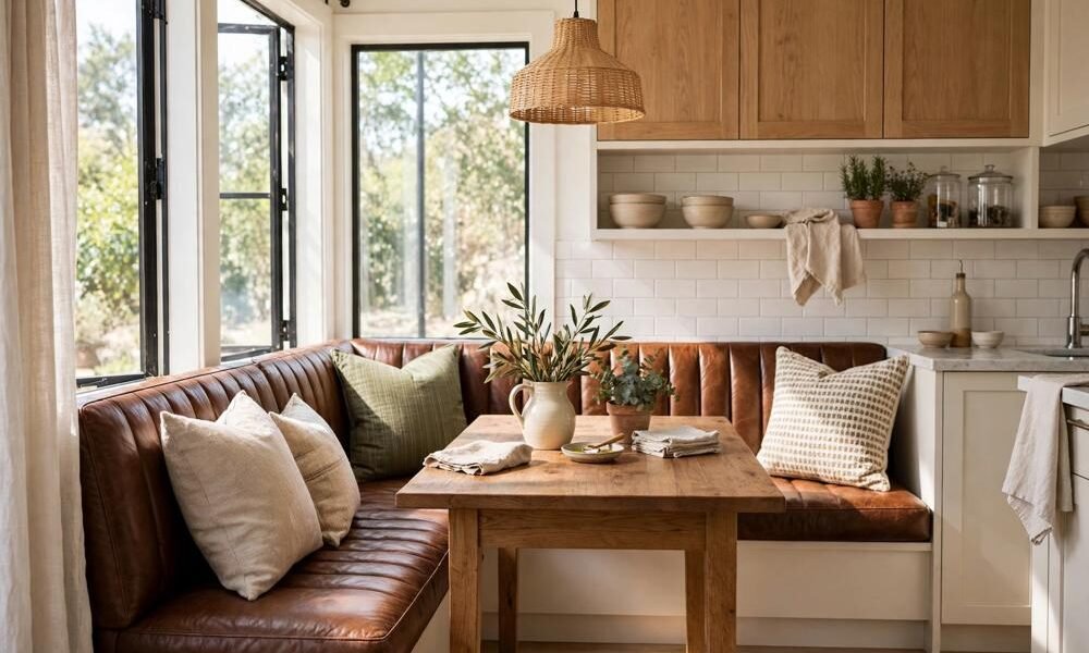 Small kitchen dining nook with a brown leather banquette, a wooden table and cushions