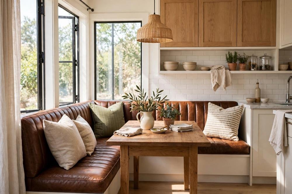 Small kitchen dining nook with a brown leather banquette, a wooden table and cushions