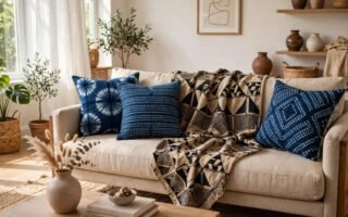 Living room with indigo Adire cushions and a mudcloth throw on a sofa