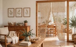 Living room doorway with a natural bamboo beaded curtain and wooden furniture