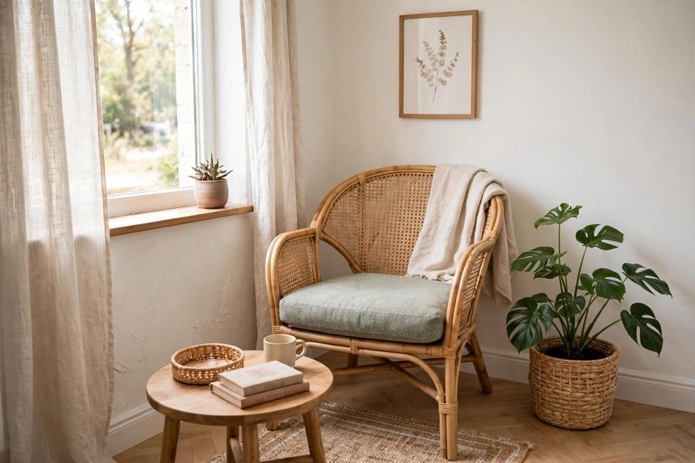Small living room with a natural rattan accent chair, a cushion and a plant