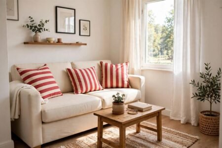 Small living room with red and cream striped cushions and a plain sofa