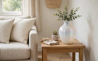 Living room side table with an opalescent glass vase, a small plant, and plain cream cushions in soft daylight