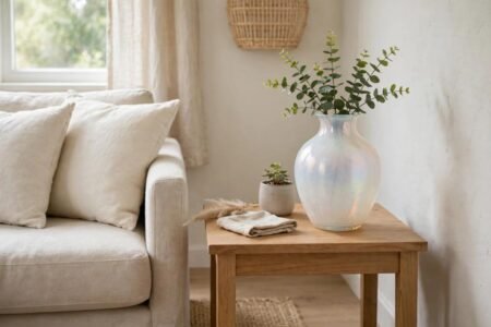 Living room side table with an opalescent glass vase, a small plant, and plain cream cushions in soft daylight