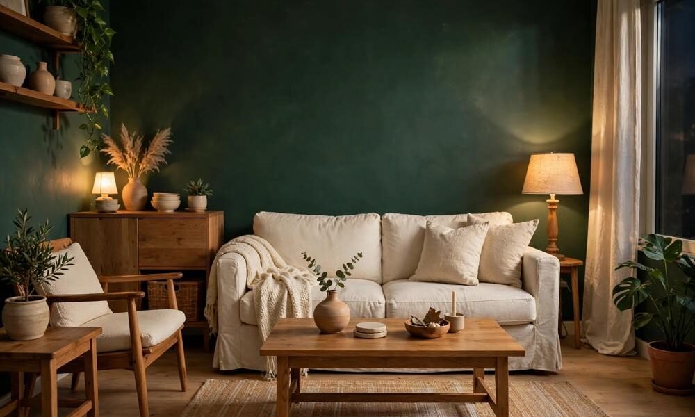 Living room with deep green walls, warm wood furniture, cream sofa, and soft warm lighting