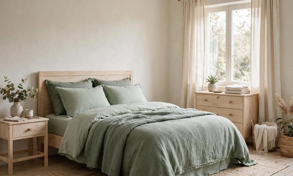 Small bedroom with sage green bedding, pale wood furniture, cream curtains, and soft daylight