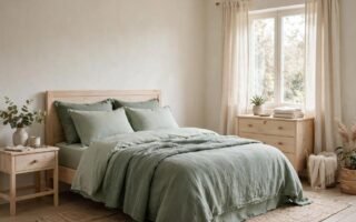 Small bedroom with sage green bedding, pale wood furniture, cream curtains, and soft daylight
