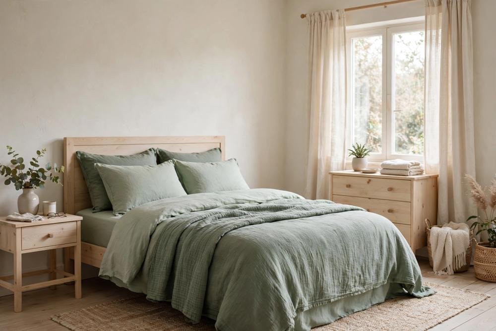Small bedroom with sage green bedding, pale wood furniture, cream curtains, and soft daylight