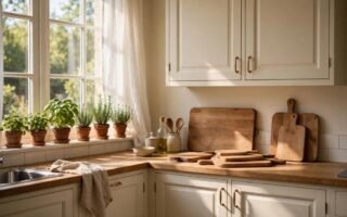 Kitchen with cream cabinets, wooden chopping boards, green herbs on a windowsill, and warm daylight