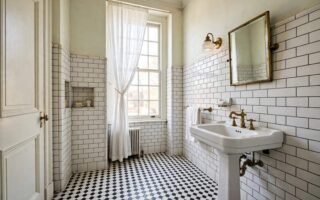 1920s bathroom with white subway wall tile, hex floor tile and a pedestal sink