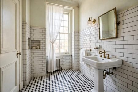 1920s bathroom with white subway wall tile, hex floor tile and a pedestal sink