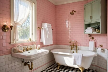 Vintage bathroom with pink tile, white towels and brass fixtures