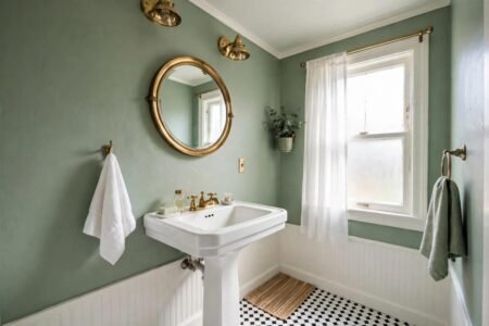 Small retro bathroom with sage green painted walls, white pedestal sink and brass mirror