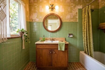 Original 70s bathroom with avocado green tile, warm wood vanity and a round mirror