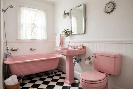 1950s bathroom with pink fixtures, soft white walls and chrome fittings