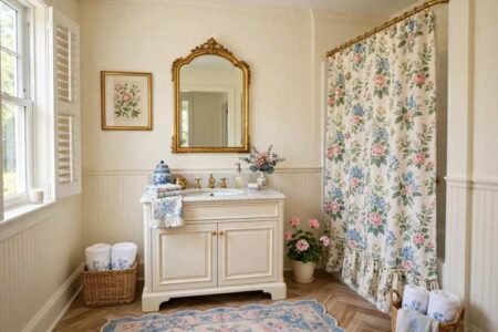 Grandmillennial bathroom with a floral shower curtain, cream walls and a classic mirror