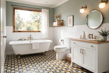Modern retro bathroom with vintage patterned floor tile and simple white fixtures