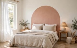 Painted arch headboard alternative behind a bed with neutral bedding in a bright bedroom