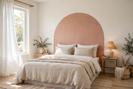 Painted arch headboard alternative behind a bed with neutral bedding in a bright bedroom