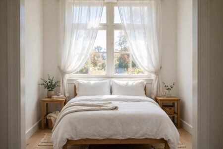 Small bedroom with a bed under a window, sheer curtains and bright daylight