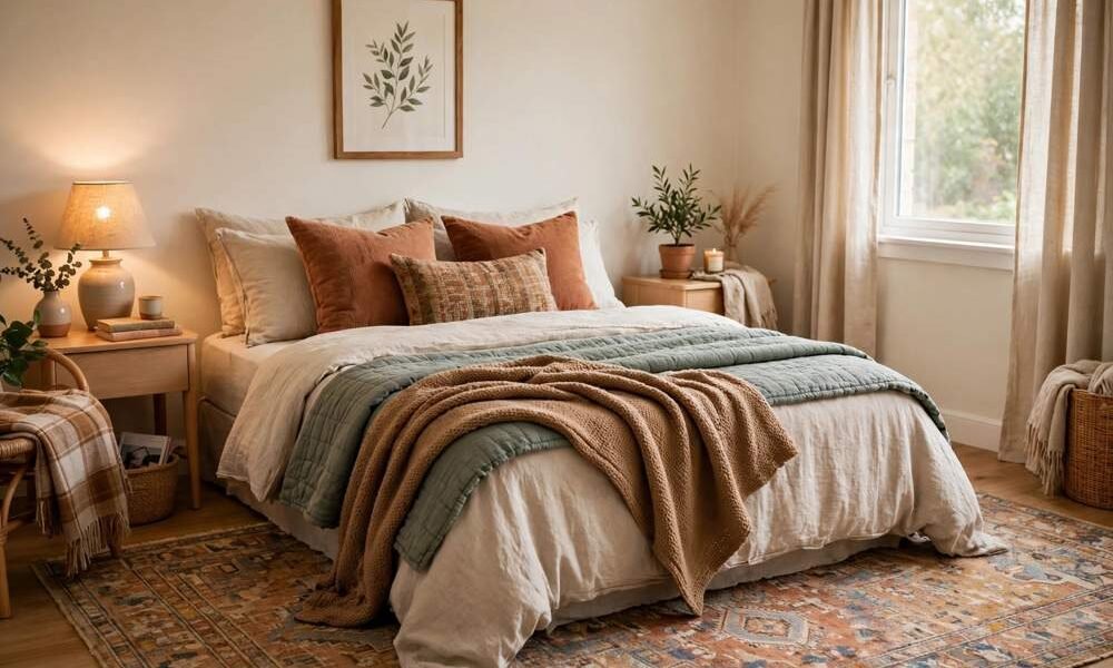 Cozy rental bedroom with layered bedding and a large rug, no holes in the walls