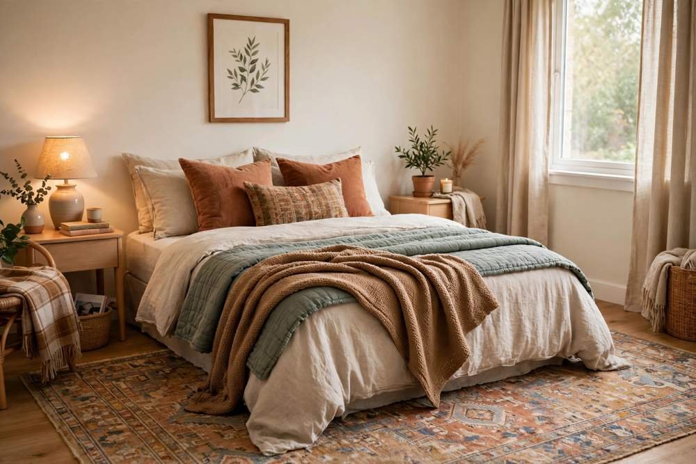 Cozy rental bedroom with layered bedding and a large rug, no holes in the walls