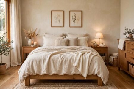 Beige and cream bedroom with linen bedding and warm wood furniture