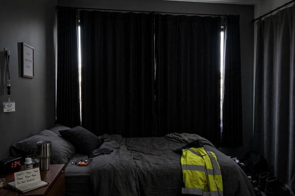 Blackout curtains with side panels blocking daylight in a dark bedroom for shift workers