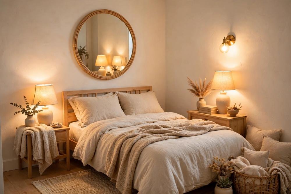 Small bedroom with no window, warm bedside lamps, light walls and a round mirror reflecting light