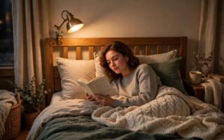 Bedroom with a warm reading light on the headboard, person reading in bed, cosy and soft